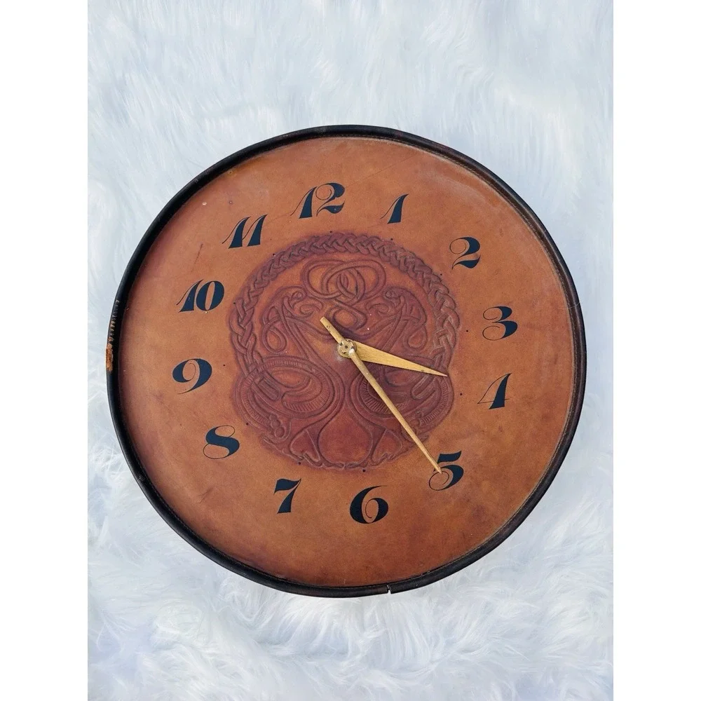 Vintage Unique Leather Arts & Crafts Clock Hand‎ Crafted Craftsman Style Large